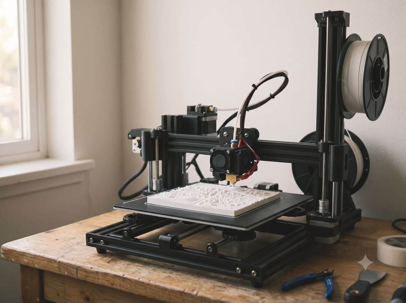 3Dプリンターが白いパネルを1層ずつ積み上げているところ
